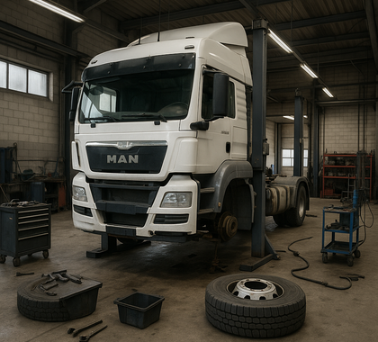 Werkstatt LKW mit abmontiertem Reifen auf Hebebühne in der Werktstatt